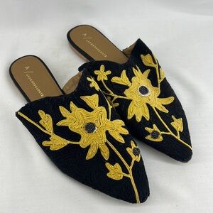 Anthropologie Black Gold Embroidery Fabric Mules